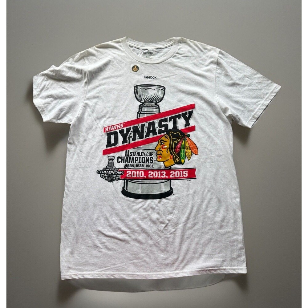 Reebok Chicago Blackhawks Hawks Dynasty Stanley Cup Champions T Shirt Men L NWT